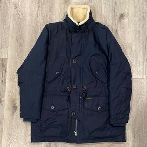Abercrombie and Fitch Men's Navy Parka Jacket with Shearling Collar